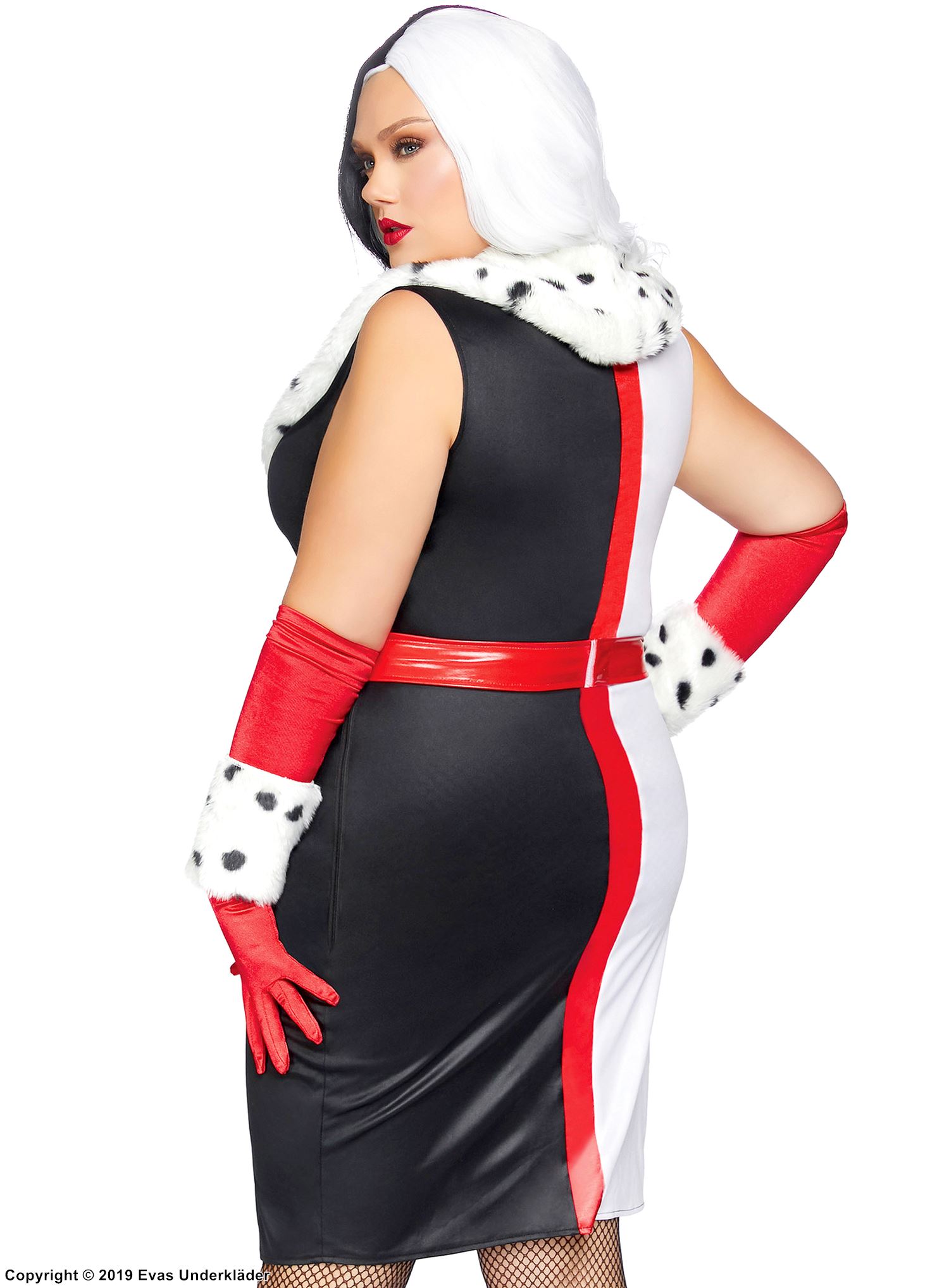 Cruella de Vil, maskeradklänning med bälte, fuskpäls och hög slits, plus size